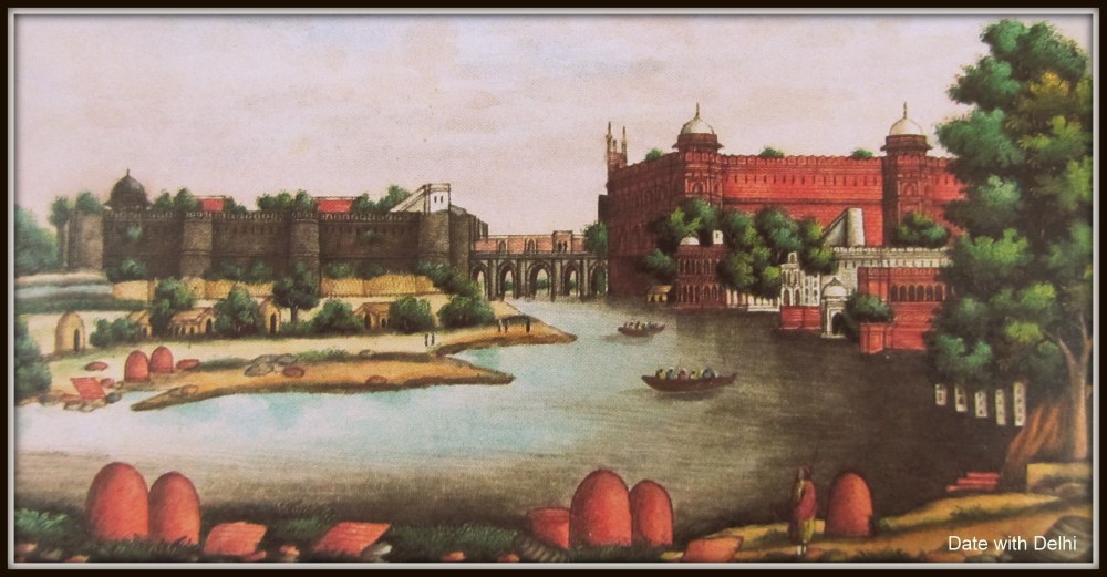 An old painting of the Red Fort and the River Yamuna